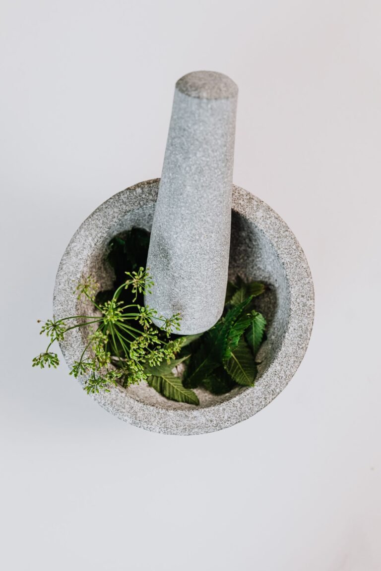 Herbs in mortar and pestle overhead - Virechana Panchakarma Purgation Therapy Jaipur